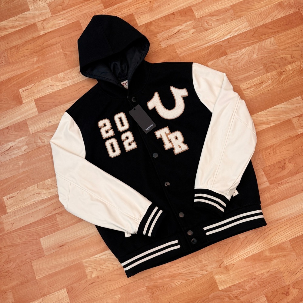 True Religion Mens NEW Varsity Jacket Jet Black White Letterman 108284 L